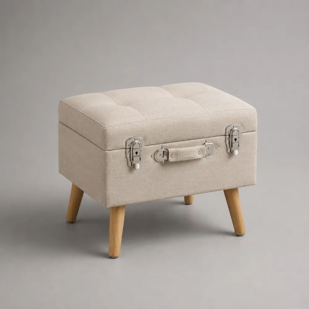 Panca contenitore imbottita rettangolare in poliestere beige con gambe in legno massello, 50 × 40 × 45 cm
