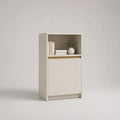 Credenza alta rettangolare con anta e vano a giorno in MDF melaminico avorio e rovere chiaro, 60 x 35 x 110 cm
