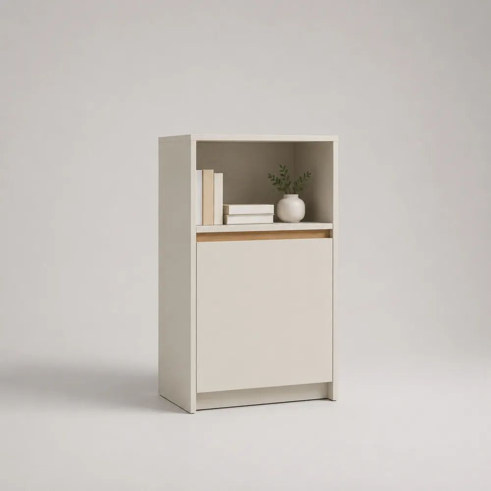 Credenza alta rettangolare con anta e vano a giorno in MDF melaminico avorio e rovere chiaro, 60 x 35 x 110 cm