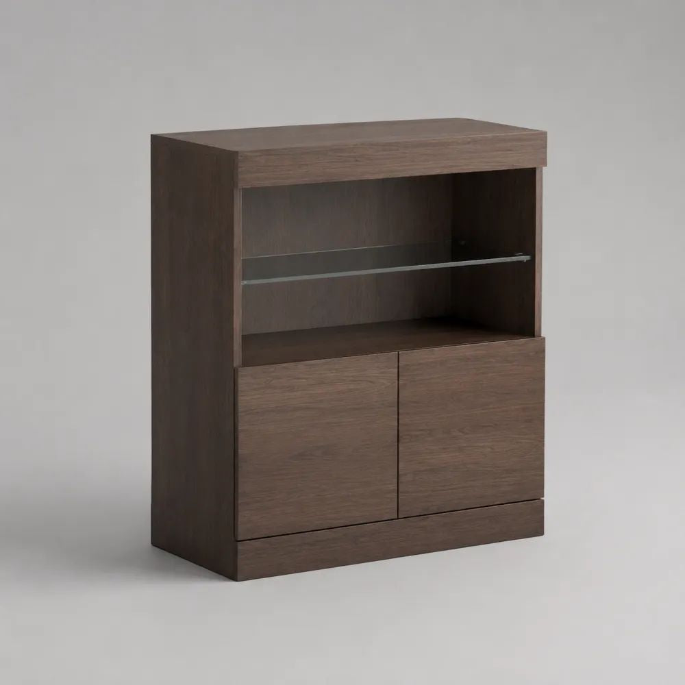 Credenza alta rettangolare in pannello truciolare melaminico con ripiano in vetro e 2 ante, marrone noce, 100 x 40 x 120 cm