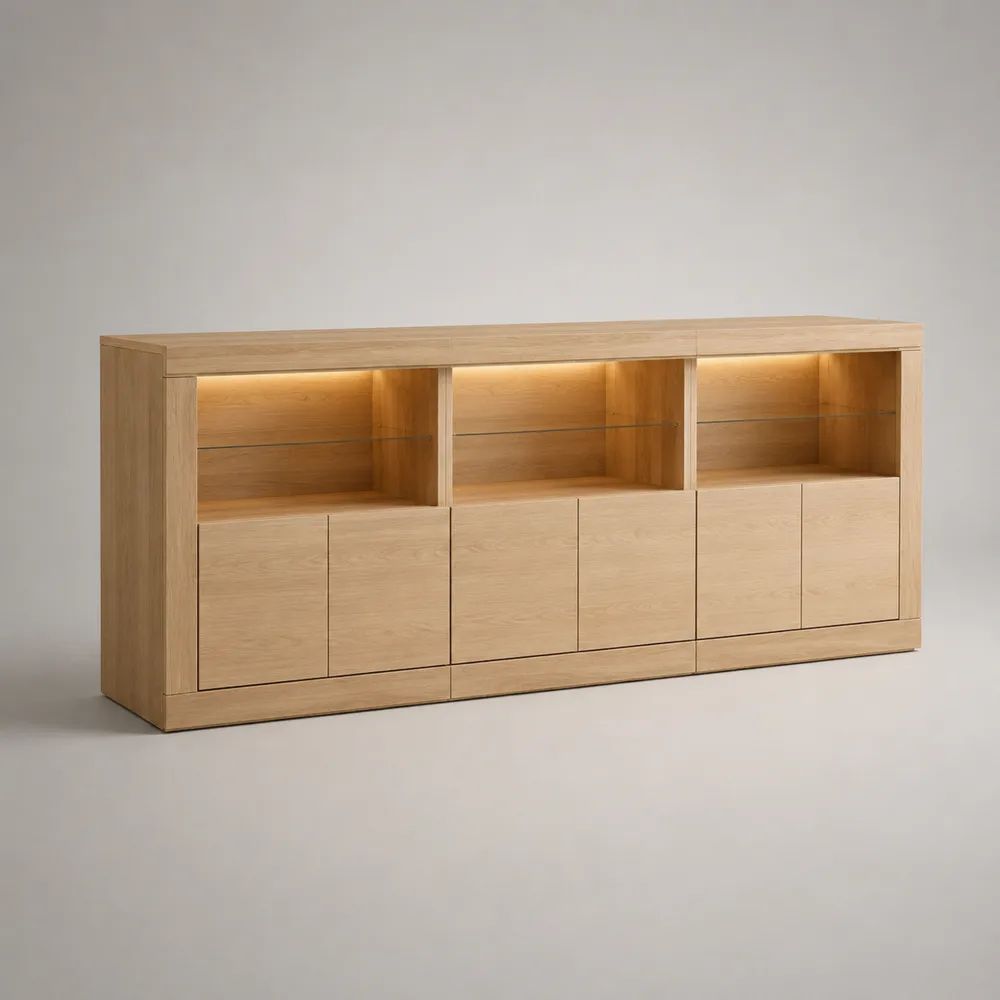 Credenza buffet in MDF impiallacciato rovere naturale con 6 ante, 3 vani illuminati e ripiani in vetro, 240 × 45 × 110 cm