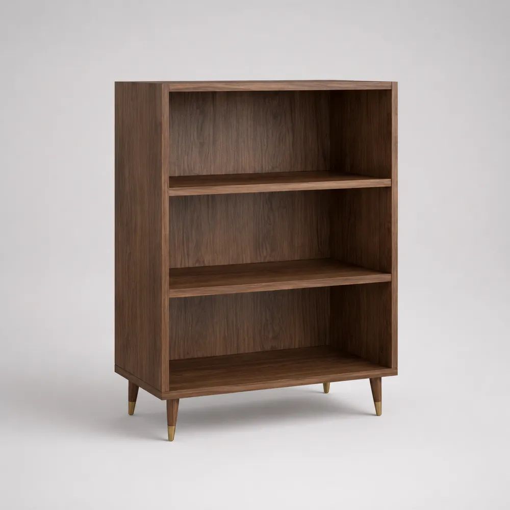 Credenza aperta rettangolare in MDF con 3 vani e 2 ripiani, marrone scuro effetto noce e dettagli ottone, 90 × 35 × 120 cm