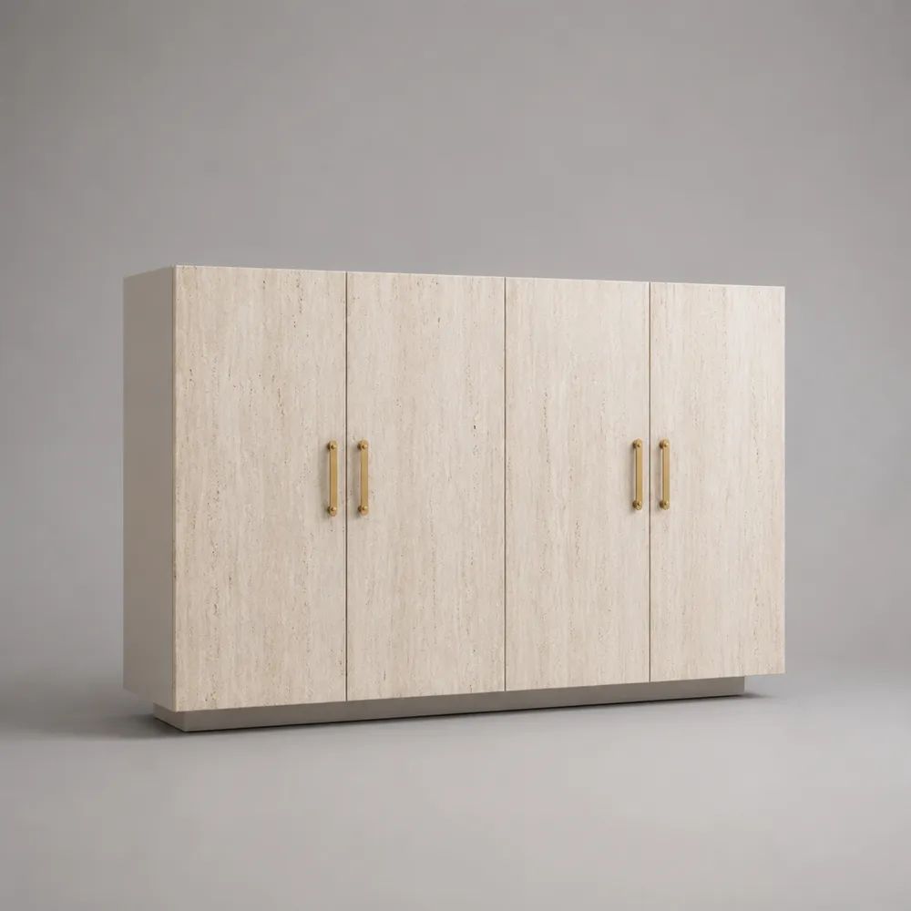 Armadio rettangolare a 4 ante battenti in MDF e truciolare melaminico effetto travertino avorio con maniglie oro, 200 × 55 × 140 cm