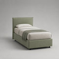 Letto singolo contenitore 90 x 200 cm in tessuto verde salvia con testiera imbottita