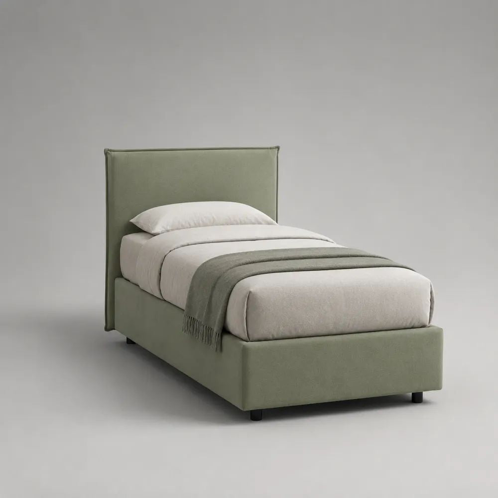 Letto singolo contenitore 90 x 200 cm in tessuto verde salvia con testiera imbottita