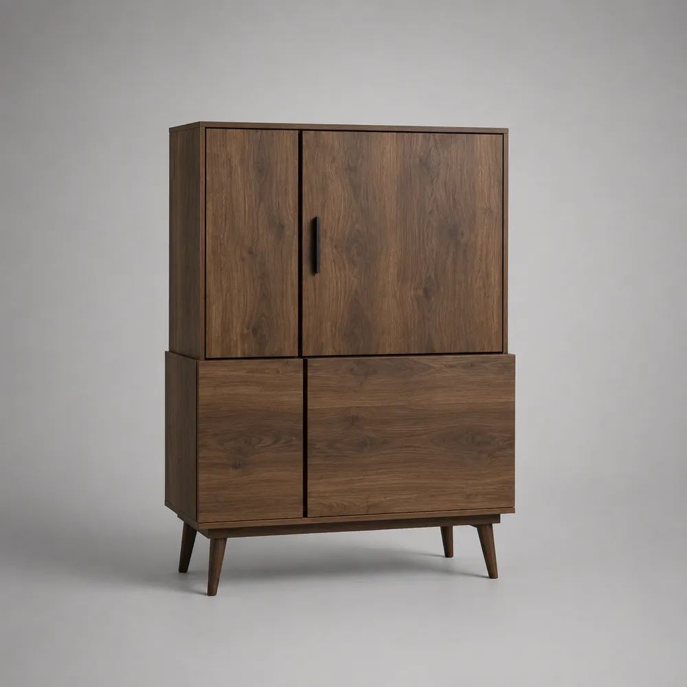 Credenza alta rettangolare a 4 ante in legno, marrone noce e nero, 100 x 40 x 145 cm
