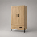Credenza alta a 2 ante e 1 cassetto in MDF impiallacciato rovere con gambe in acciaio nero, 90 x 40 x 160 cm