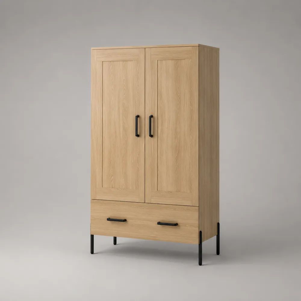 Credenza alta a 2 ante e 1 cassetto in MDF impiallacciato rovere con gambe in acciaio nero, 90 x 40 x 160 cm