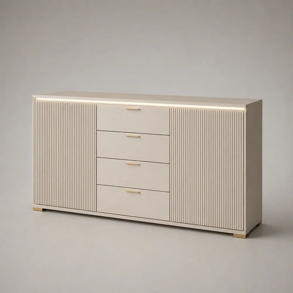 Credenza buffet rettangolare in MDF e truciolare beige e oro chiaro, con 2 ante e 4 cassetti, 160 x 40 x 80 cm