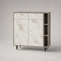 Credenza rettangolare in legno e metallo con 2 ante, 2 cassetti e 3 vani, bianco marmorizzato e tortora, 120 x 40 x 130 cm
