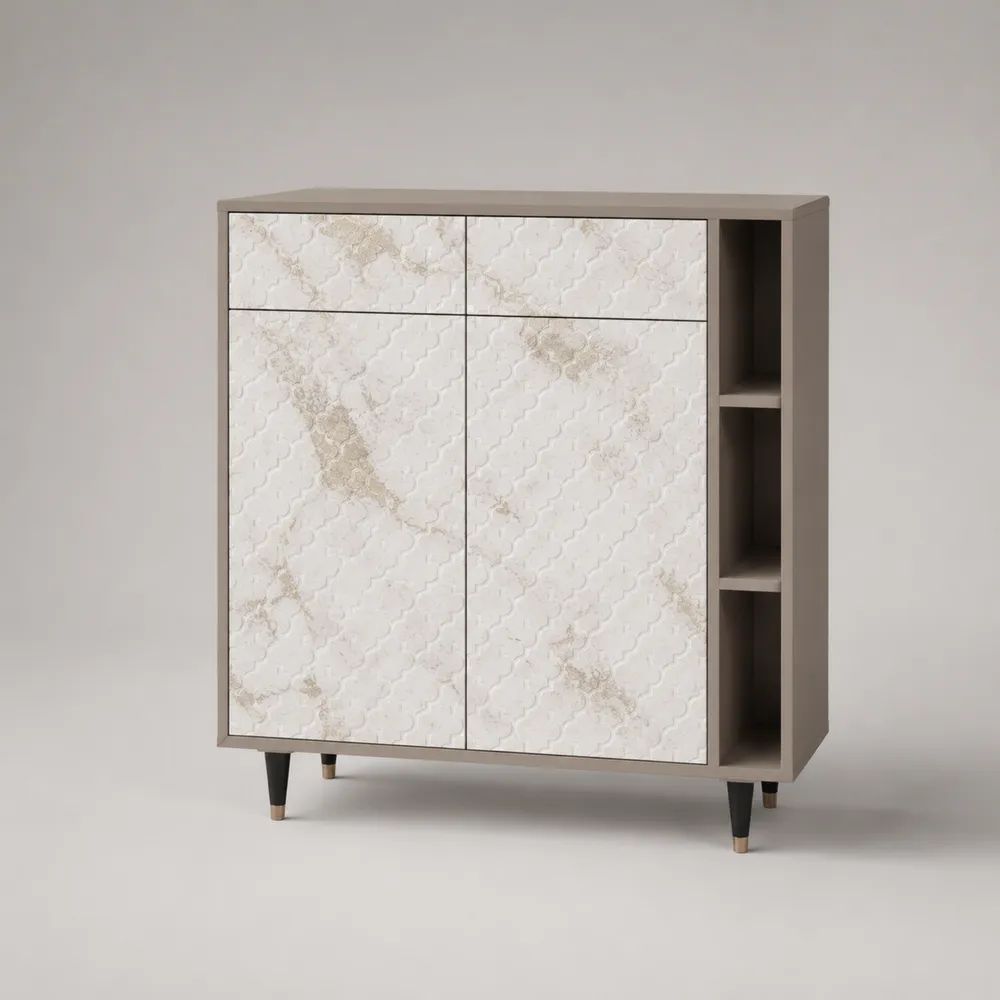 Credenza rettangolare in legno e metallo con 2 ante, 2 cassetti e 3 vani, bianco marmorizzato e tortora, 120 x 40 x 130 cm