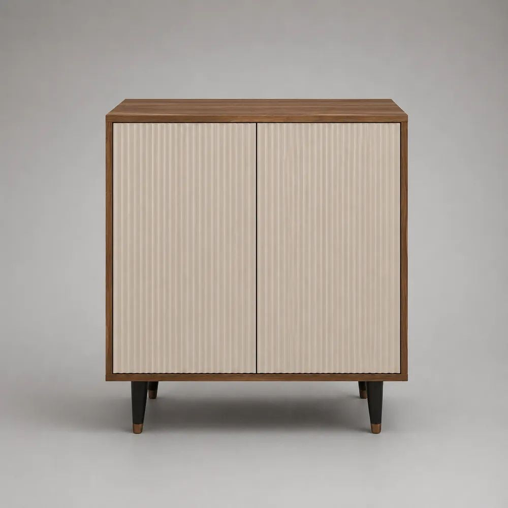 Credenza rettangolare in MDF e pannello truciolare con 2 ante scanalate, Noce/Beige/Nero, 90 × 40 × 100 cm