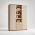 Credenza alta rettangolare in MDF effetto rovere naturale e beige con 2 ante, 3 cassetti, ripiani e illuminazione LED, 140 x 42 x 190 cm