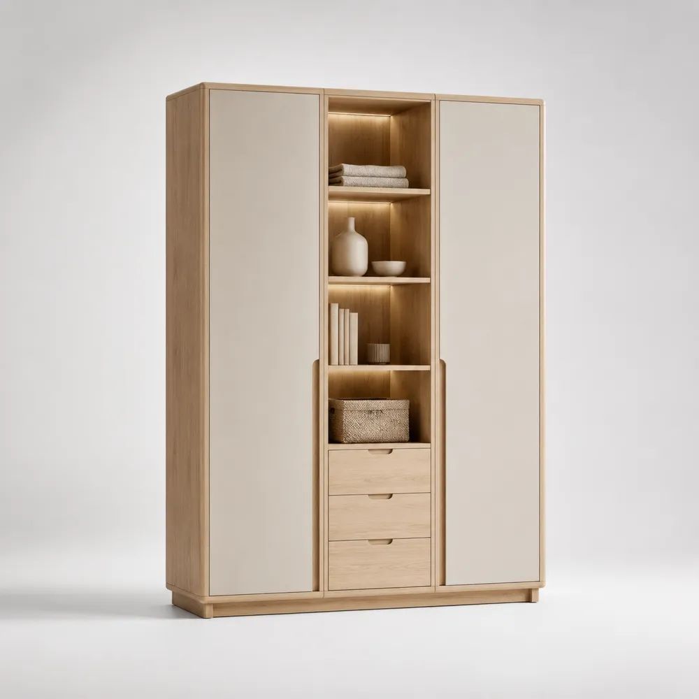 Credenza alta rettangolare in MDF effetto rovere naturale e beige con 2 ante, 3 cassetti, ripiani e illuminazione LED, 140 x 42 x 190 cm