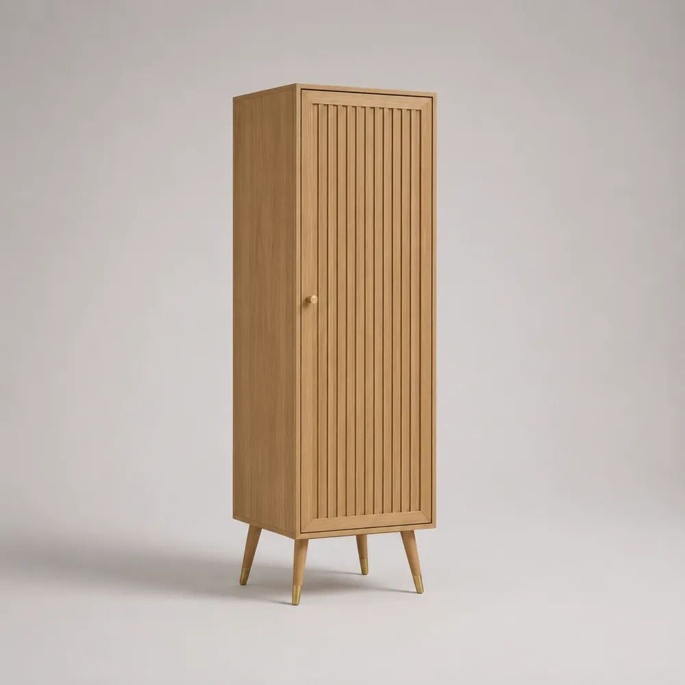 Credenza alta in legno con anta scanalata, rovere naturale, 60 x 40 x 160 cm