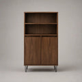 Credenza alta rettangolare in legno con 2 ante, 2 vani aperti e gambe in acciaio, marrone noce e nero, 90 × 40 × 170 cm