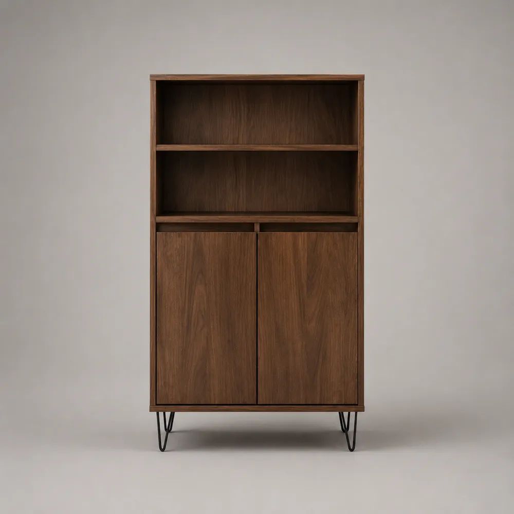 Credenza alta rettangolare in legno con 2 ante, 2 vani aperti e gambe in acciaio, marrone noce e nero, 90 × 40 × 170 cm
