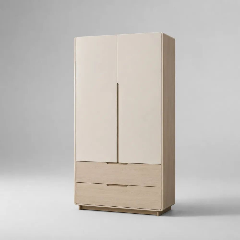 Armadio guardaroba a 2 ante e 2 cassetti in MDF e pannelli melaminici, crema e rovere chiaro, 90 × 52 × 180 cm