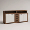 Credenza rettangolare in truciolare melaminico marrone noce e bianco, 4 ante, 4 cassetti e 2 vani aperti, 180 x 40 x 100 cm