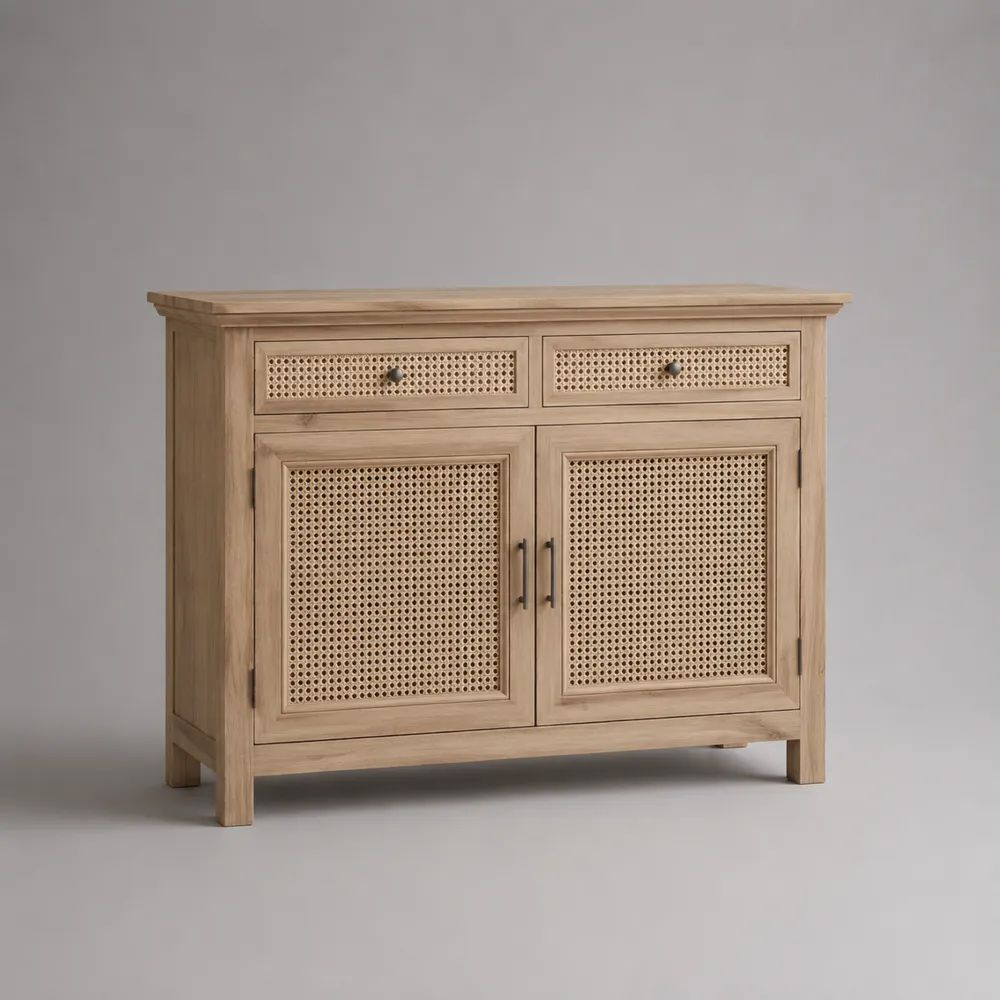 Credenza buffet rettangolare in legno massello di mango e rattan naturale, 2 ante e 2 cassetti, naturale e beige, 110 x 40 x 90 cm