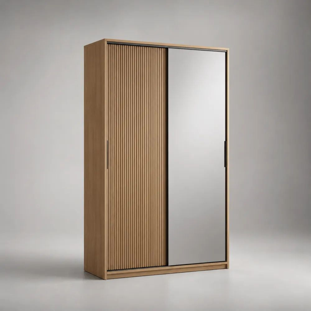 Armadio rettangolare a 2 ante scorrevoli in pannello truciolare con specchio, rovere naturale, nero e argento, 120 × 60 × 200 cm