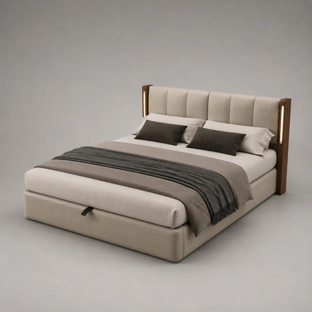 Letto matrimoniale contenitore 160 × 200 cm in tessuto beige e legno finitura noce con testiera imbottita