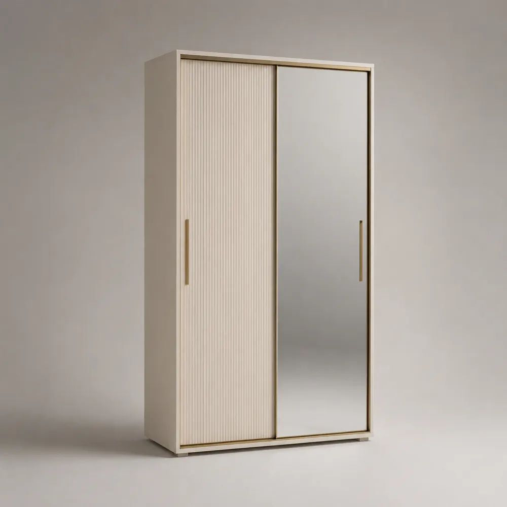 Armadio guardaroba rettangolare a 2 ante scorrevoli con specchio e frontale scanalato in MDF beige, dettagli oro, 100 × 55 × 200 cm