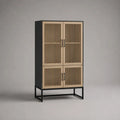 Credenza alta rettangolare a 4 ante a listelli in legno e metallo, rovere naturale e nero, 80 × 40 × 160 cm