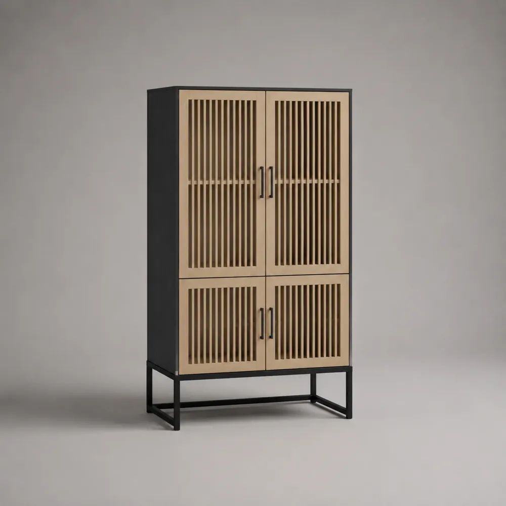 Credenza alta rettangolare a 4 ante a listelli in legno e metallo, rovere naturale e nero, 80 × 40 × 160 cm