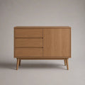 Credenza rettangolare in legno con 3 cassetti e 1 anta, rovere naturale, 100 x 40 x 80 cm