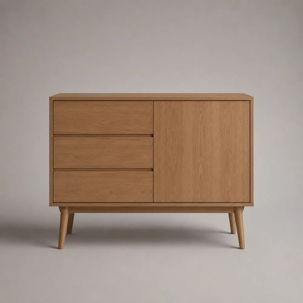 Credenza rettangolare in legno con 3 cassetti e 1 anta, rovere naturale, 100 x 40 x 80 cm