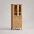 Credenza alta in legno con vetrina, 4 ante e 2 cassetti, rovere naturale e ottone, 80 x 40 x 190 cm