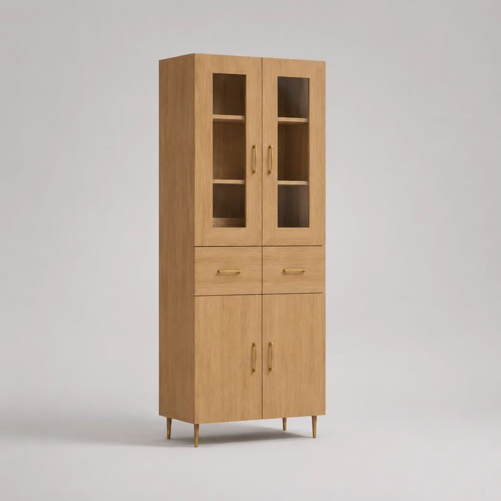 Credenza alta in legno con vetrina, 4 ante e 2 cassetti, rovere naturale e ottone, 80 x 40 x 190 cm