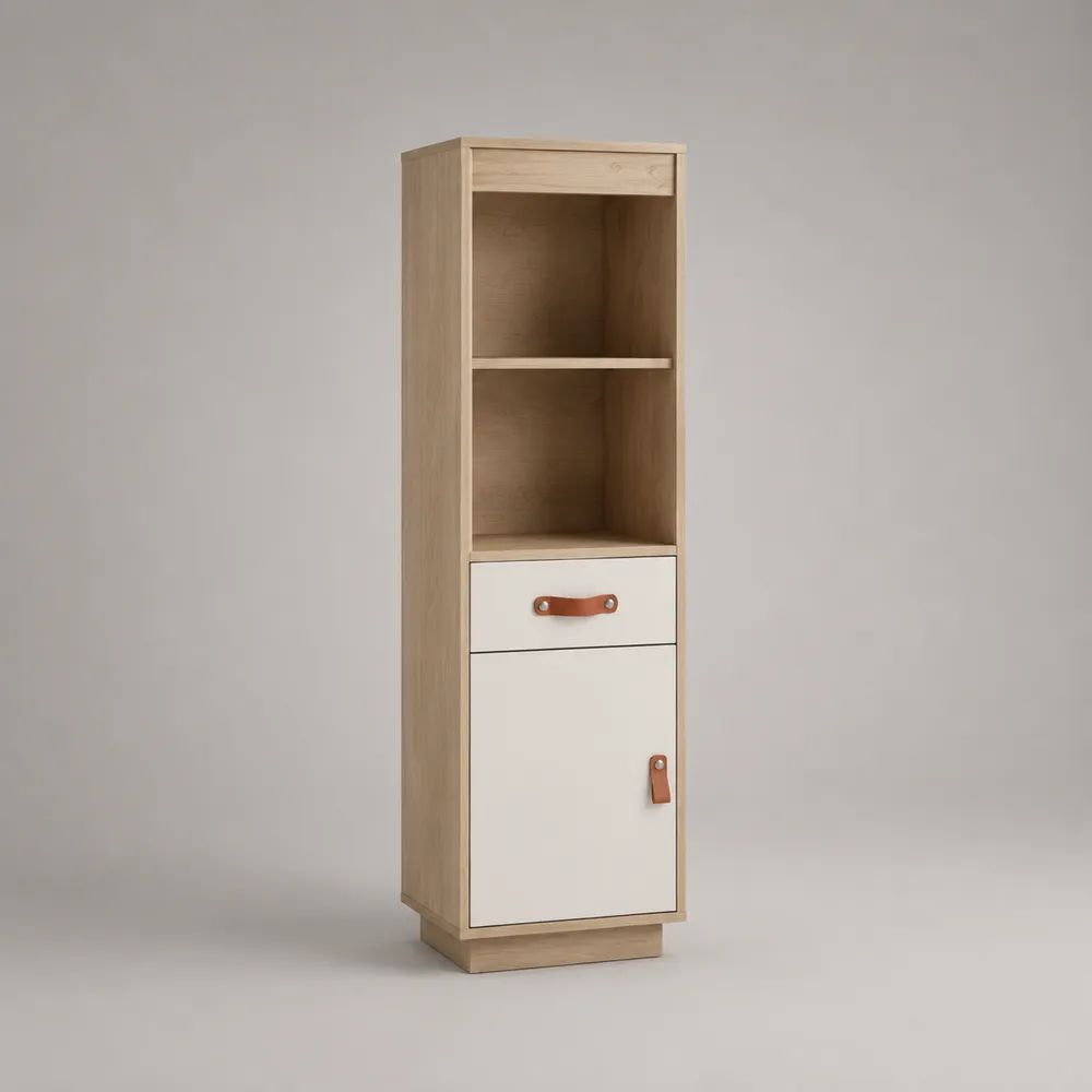 Credenza alta e stretta in legno con anta, cassetto e 2 vani, rovere chiaro e bianco caldo, 40 x 35 x 150 cm