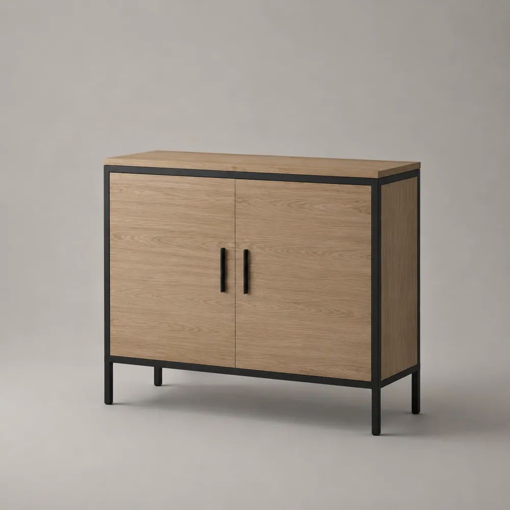 Mobile sottolavabo rettangolare a 2 ante in truciolare effetto rovere e acciaio nero, 80 × 35 × 80 cm