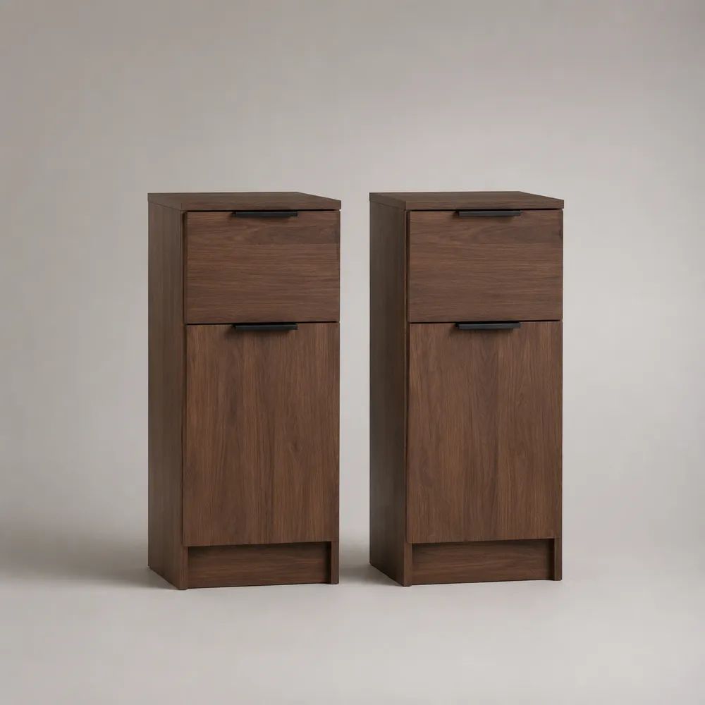 Set di 2 credenze strette in legno a 2 ante, marrone noce e nero, 40 x 30 x 95 cm ciascuna