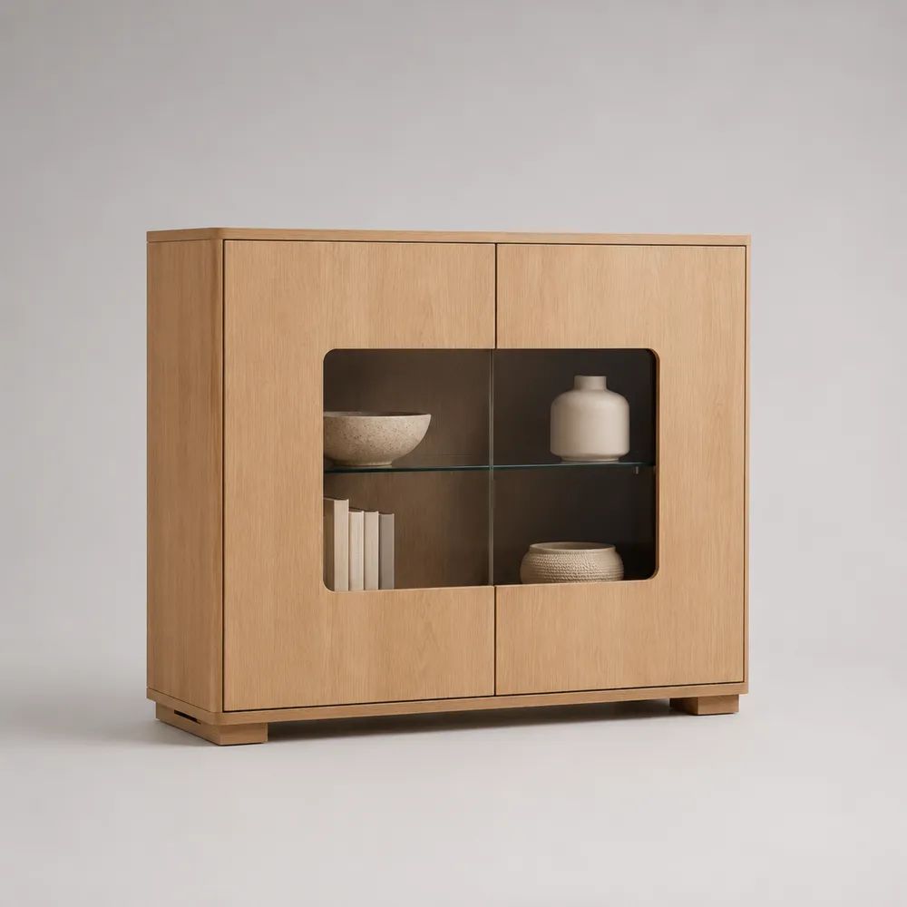 Credenza vetrina rettangolare a 2 ante in MDF e vetro, Rovere naturale/Marrone scuro/Trasparente, 120 × 40 × 120 cm