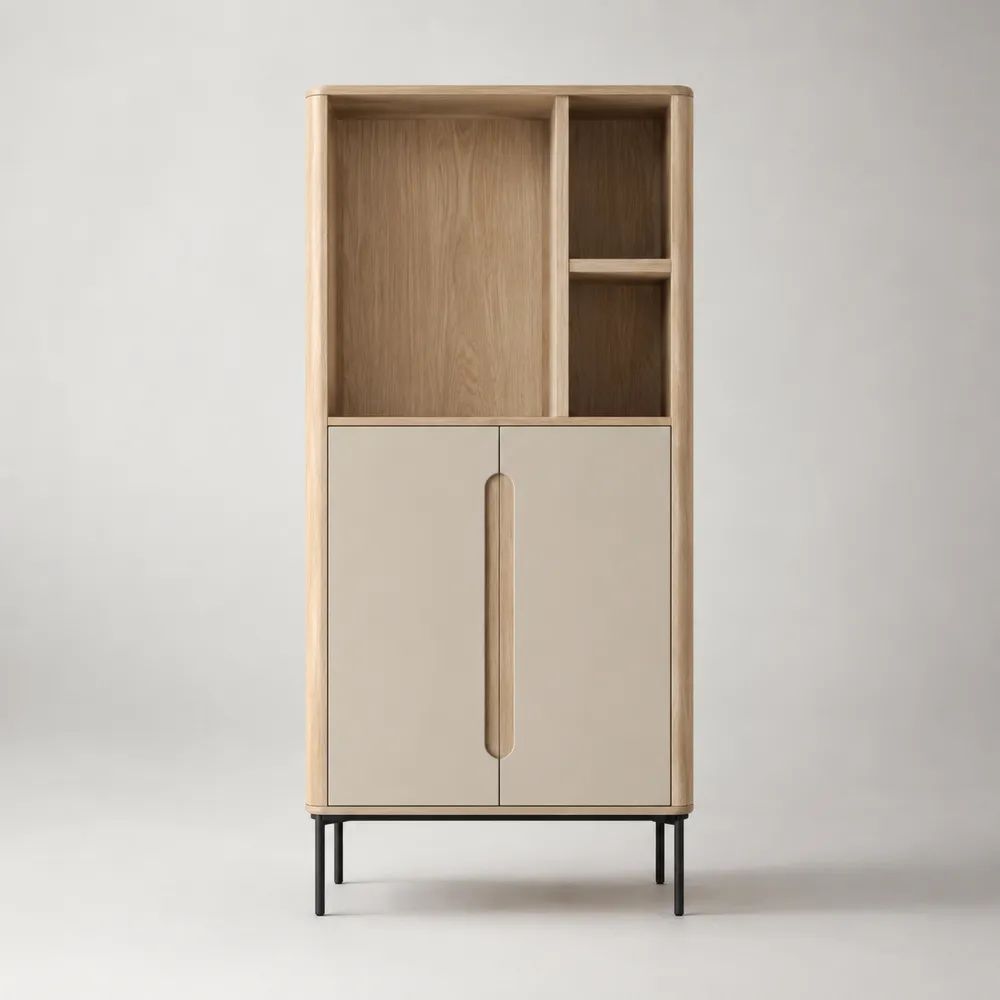 Credenza alta in legno e acciaio con 2 ante e vani aperti, rovere naturale, beige e nero, 80 x 40 x 180 cm
