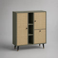 Credenza alta in legno con 3 ante in rattan intrecciato e 3 vani aperti, verde oliva, 90 x 40 x 110 cm