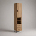 Mobile dispensa alto rettangolare con 1 anta, 2 vani e 2 cassetti in truciolare melaminico effetto rovere e acciaio nero, 40 x 35 x 180 cm