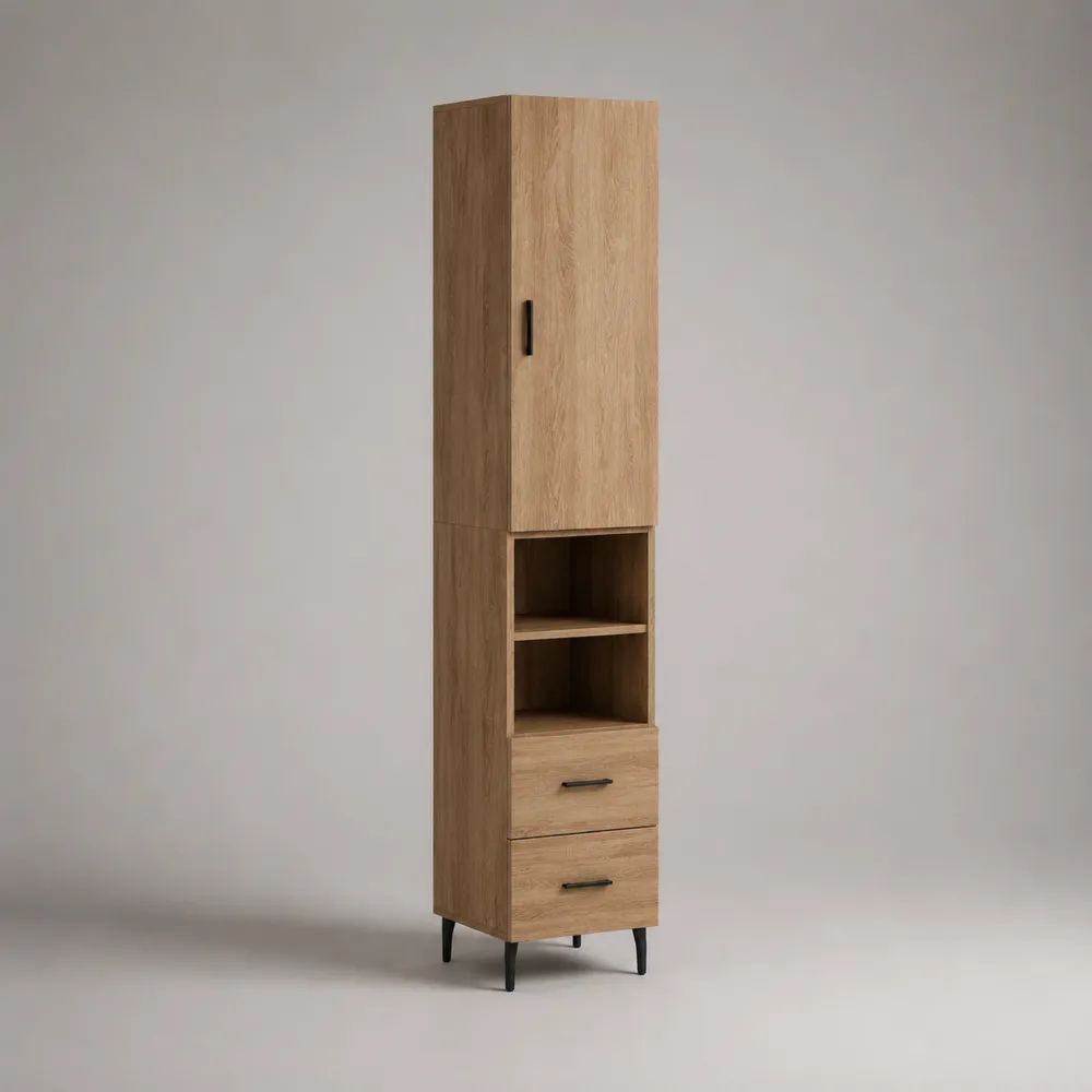 Mobile dispensa alto rettangolare con 1 anta, 2 vani e 2 cassetti in truciolare melaminico effetto rovere e acciaio nero, 40 x 35 x 180 cm