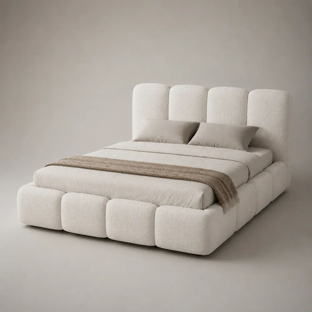 Letto matrimoniale contenitore 160 x 200 cm in tessuto bouclé bianco crema con testiera imbottita, 190 x 225 x 128 cm