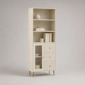 Credenza alta in MDF, metallo e vetro con vetrina, 3 cassetti e ripiani, avorio e oro, 70 x 35 x 180 cm