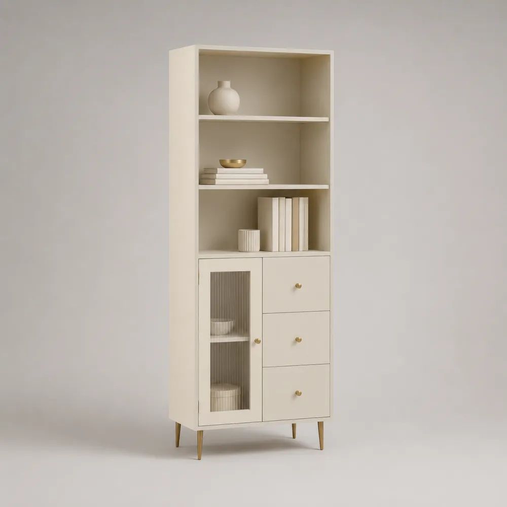 Credenza alta in MDF, metallo e vetro con vetrina, 3 cassetti e ripiani, avorio e oro, 70 x 35 x 180 cm