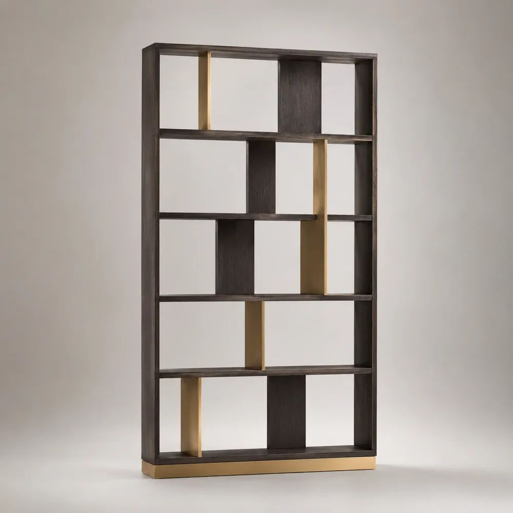 Libreria a giorno rettangolare in legno e metallo, rovere scuro e oro, 100 x 30 x 190 cm