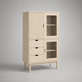Credenza alta rettangolare con 3 ante, 3 cassetti, ripiani, struttura in legno e vetro scanalato beige, 80 × 40 × 140 cm