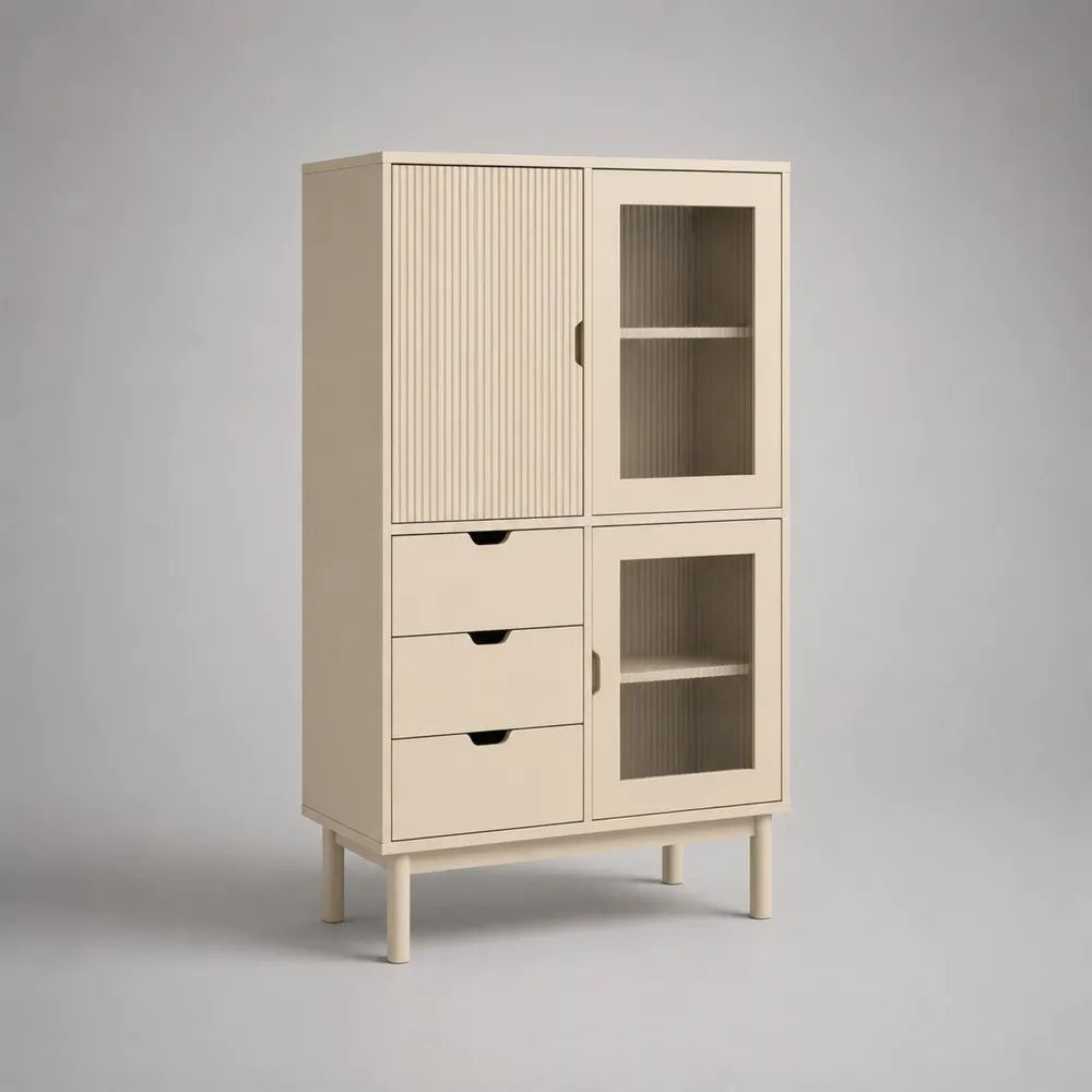 Credenza alta rettangolare con 3 ante, 3 cassetti, ripiani, struttura in legno e vetro scanalato beige, 80 × 40 × 140 cm