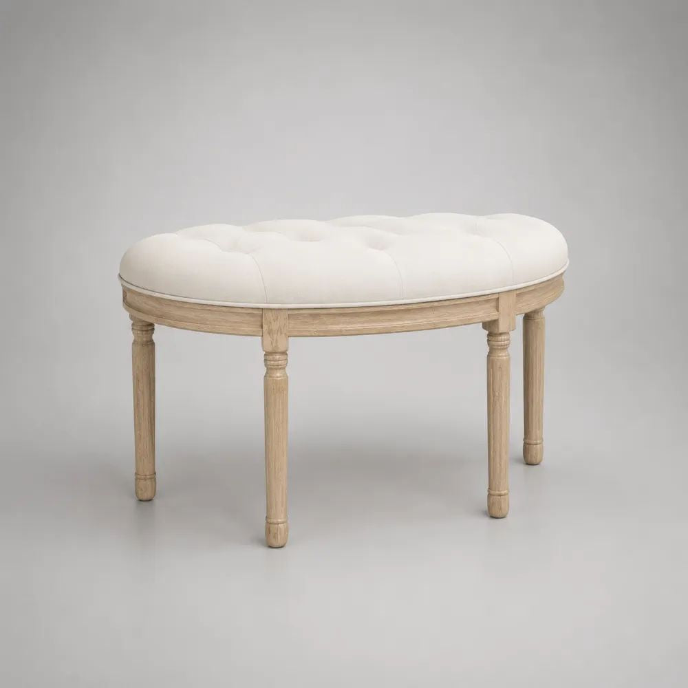 Panca ovale imbottita capitonné in tessuto con gambe in legno, avorio e beige chiaro, 90 x 40 x 50 cm