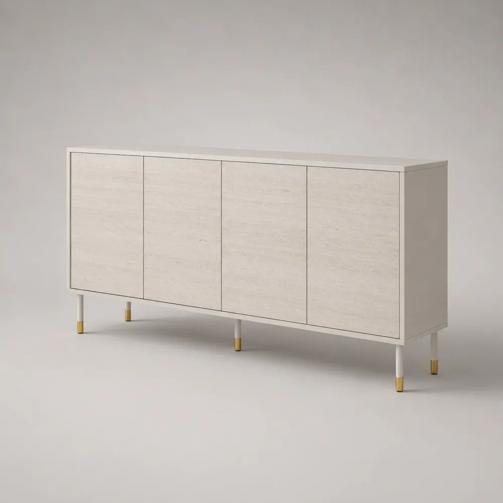 Credenza rettangolare a 4 ante in legno MDF bianco con gambe in acciaio e dettagli dorati, 160 x 40 x 80 cm