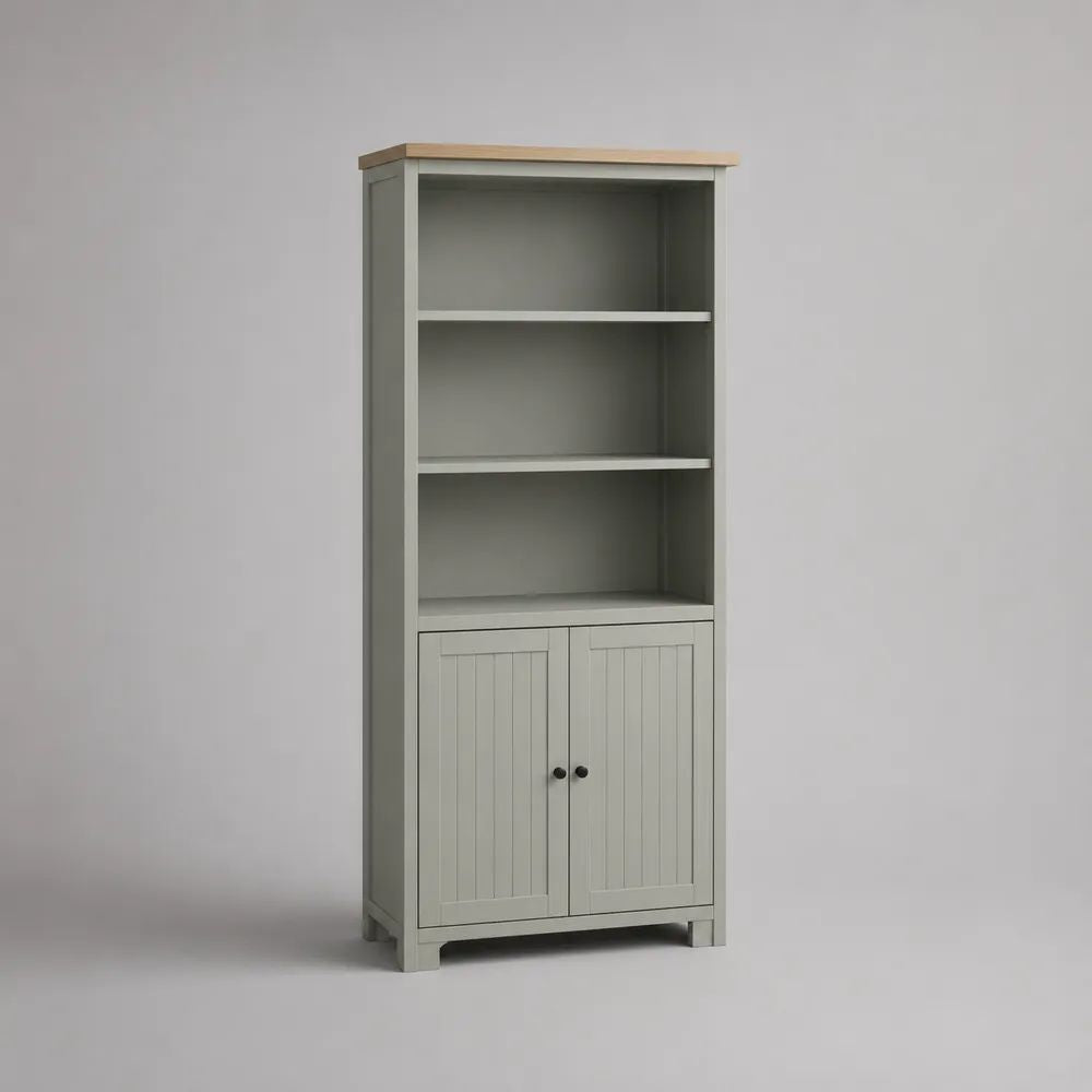 Libreria rettangolare in legno con armadietto a 2 ante, verde salvia e rovere naturale, 80 x 35 x 180 cm